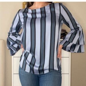 LOFT Navy and Light Blue Striped Blouse